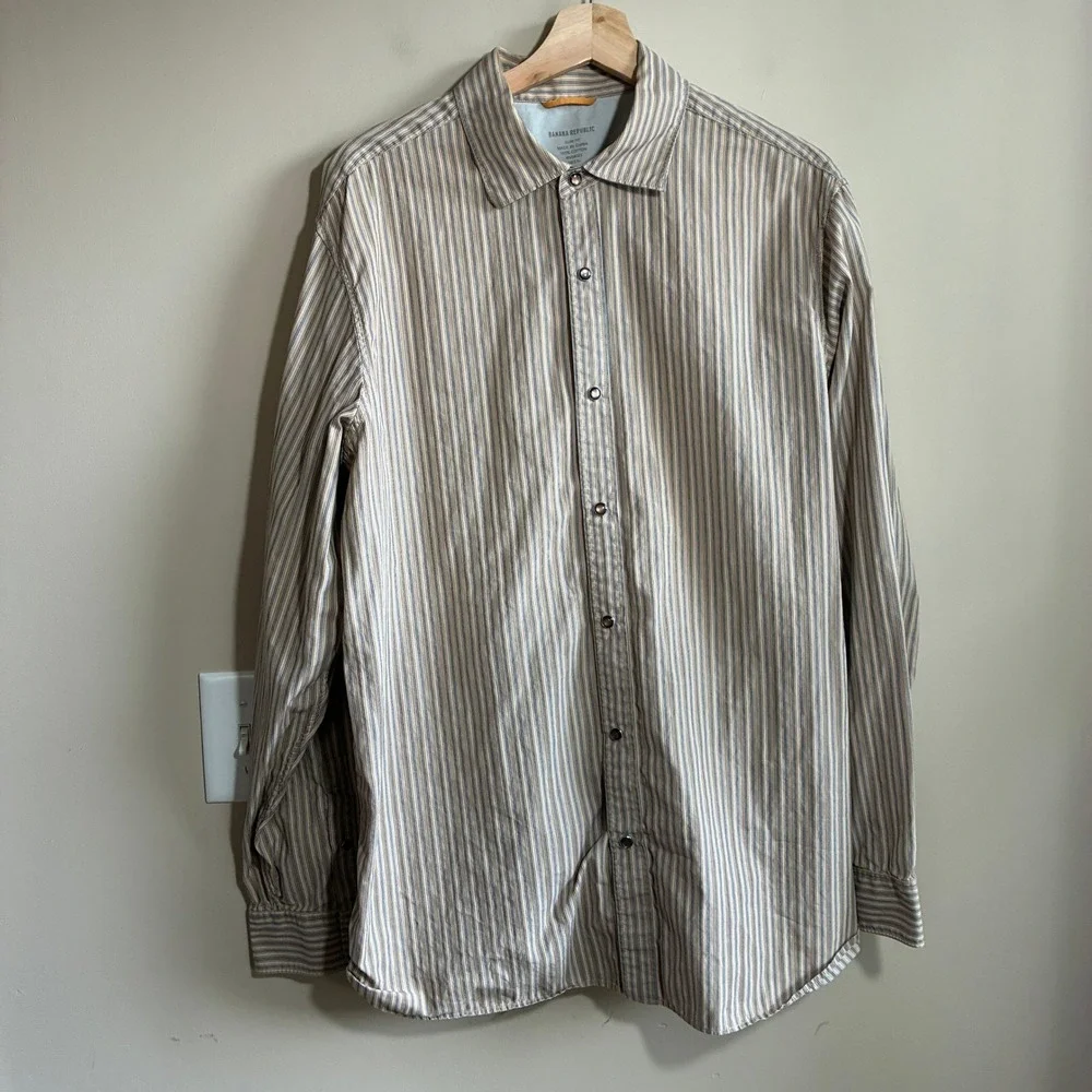 Banana Republic Slim Fit Western Snap Shirt XL Tan Mens Cotton Long Sleeve